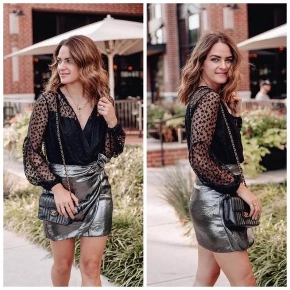 Amanda Uprichard M YURI Black Star Motif Bodysuit Sheer Lace Surplice Deep V Nec